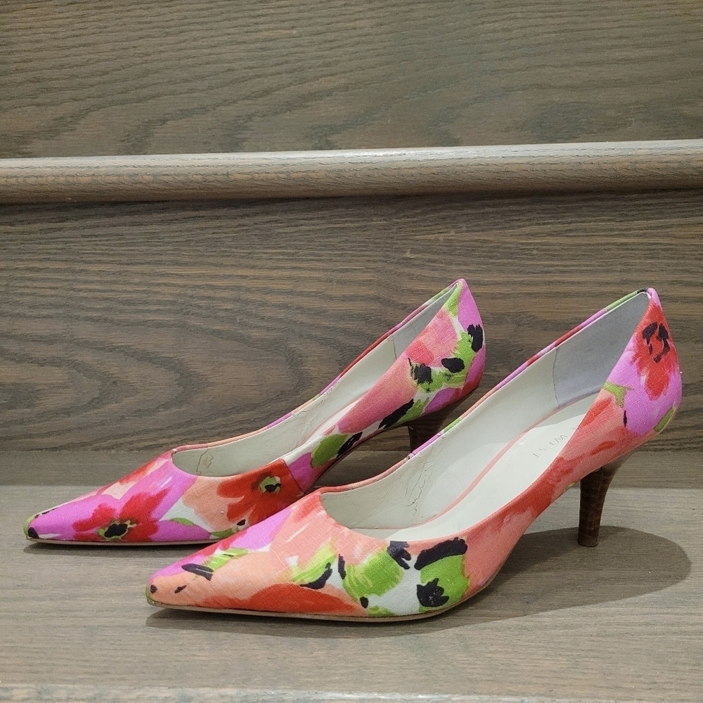 Nine West Pink & Orange Floral Pattern Heels Shoes Size: 5M US